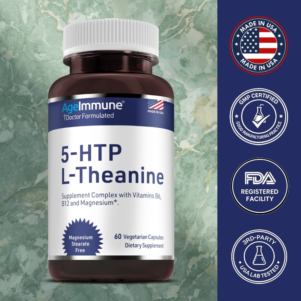 A bottle of AgeImmune 5-HTP L-Theanine formula for anxiety stress and relaxation